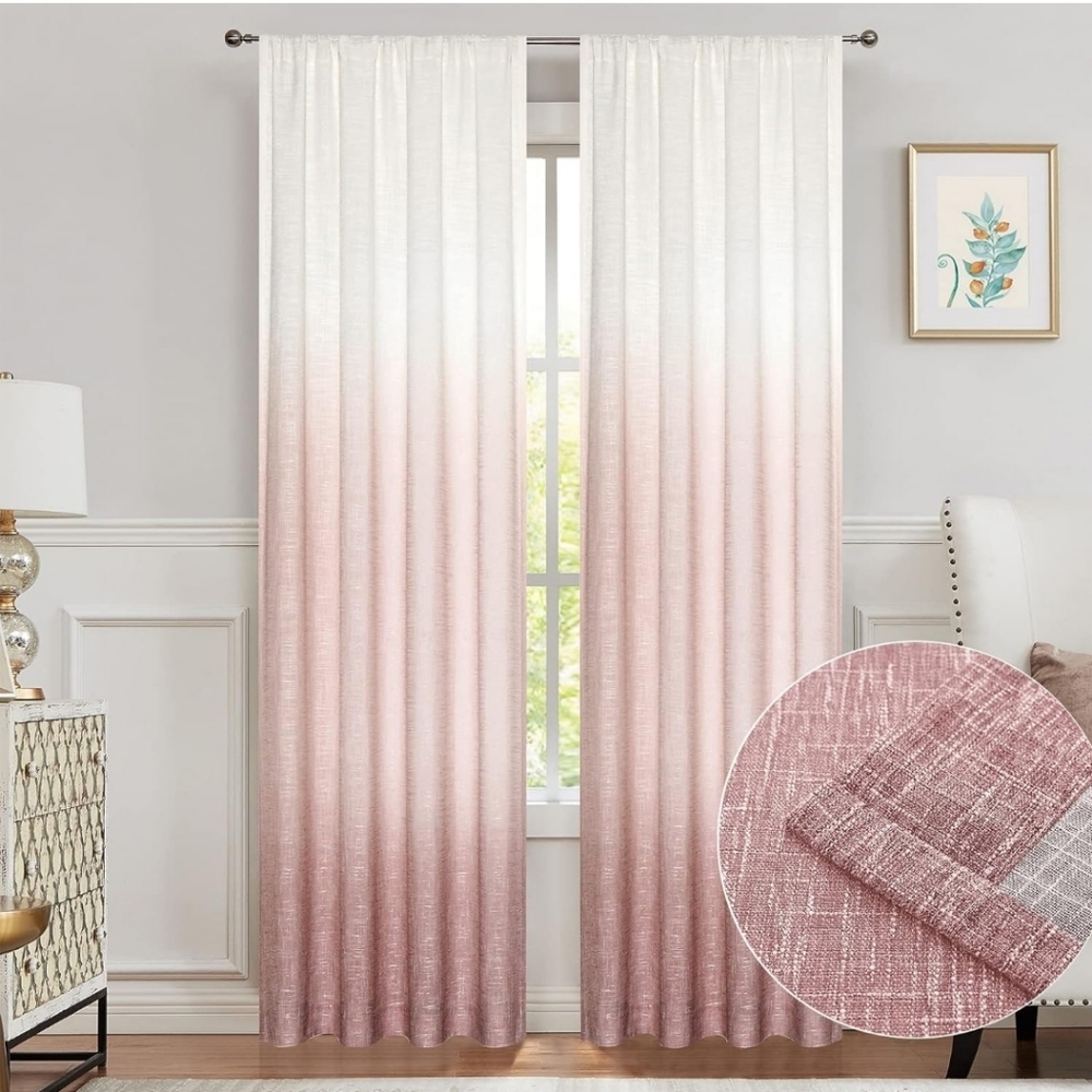 4 PANELS Pink Ombre Linen Textured Semi Sheer Curtains Girls' Bedroom 50" x 84"